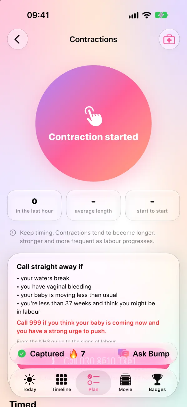Contraction timer with NHS advice on when to call