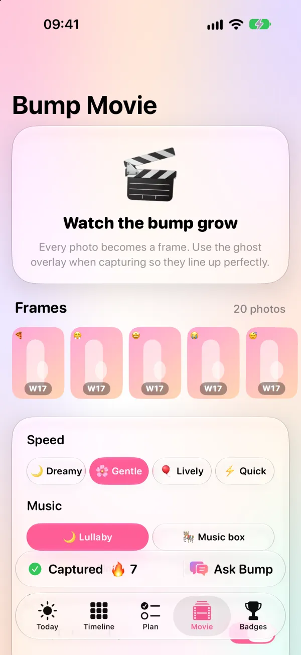 Bump Movie screen with photo frames, speed and music choices