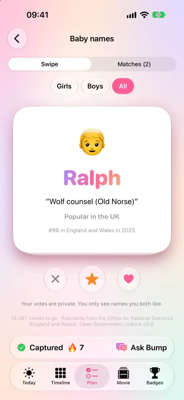 Baby names card showing a name, its meaning and popularity